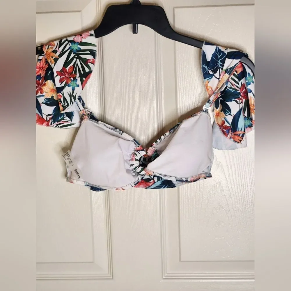 Shein L White Floral Print Top Women's Bikini  Swimsuit